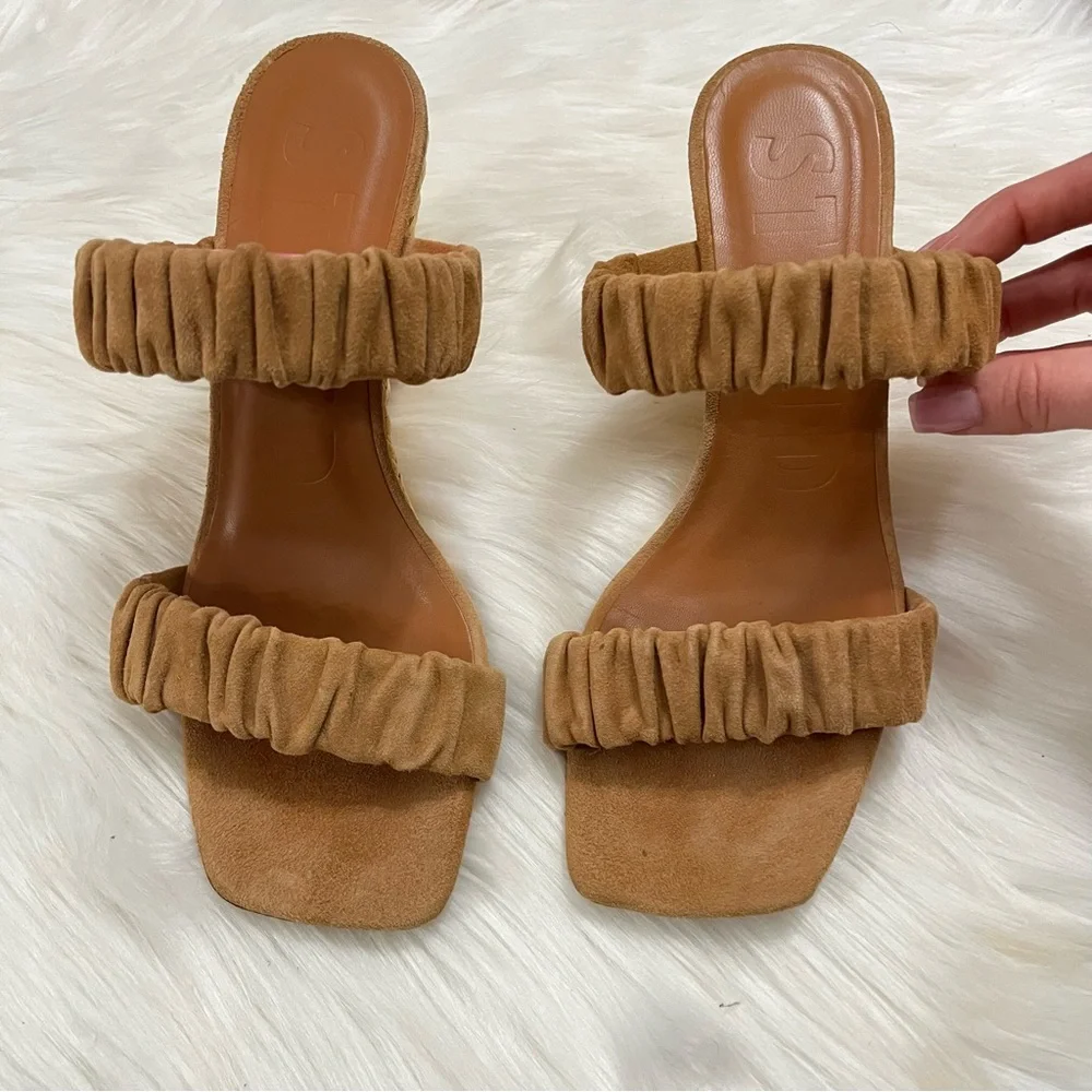 STAUD Tan Suede Frankie Ruched Leather Caramel Wedges Strappy Sandals sz. 9